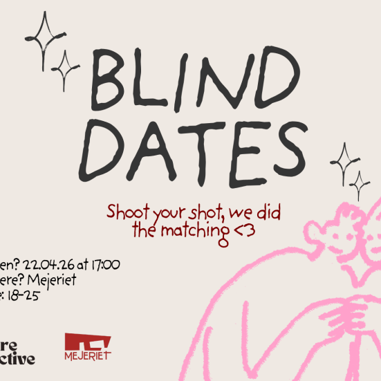 Beige field with a pink drawing of two people, with Culture Collective's logo side by side with Mejeriet's logo 