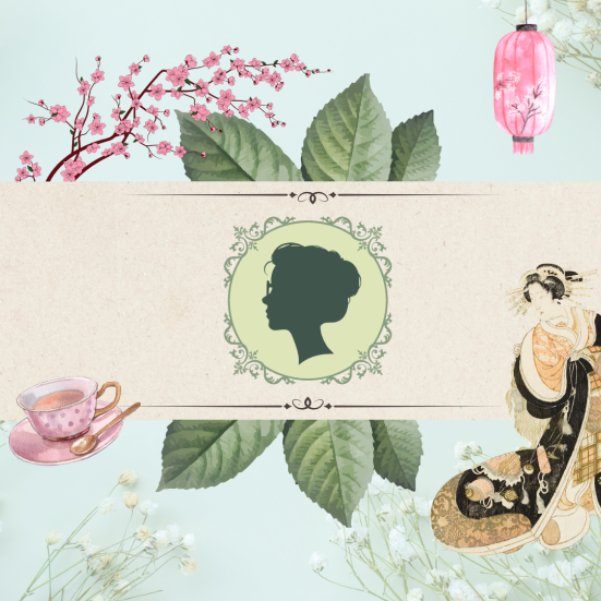 Miss Wiinholt logo with Japanese design and a cup of tea on a blue green background 