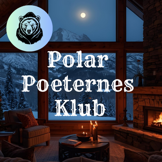 En hyggelig stue med brændende ildsted, udenfor er der sne og nat, polar poeternes klub står skrevet og der er et bjørnelogo i kanten