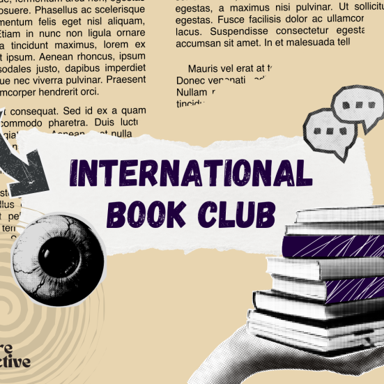International Book Club logo, Culture Collective's logo, books and a scary eye