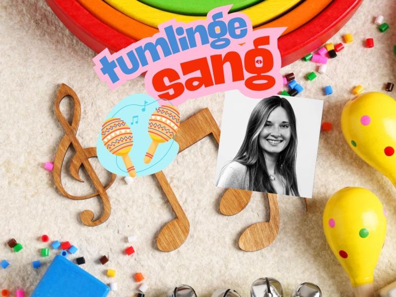 Et generisk billede med noder, rasleæg, perler og en regnbue i træ. Påsat billedet er teksten Tumlingesang samt et sorthvid foto af en kvinde. 