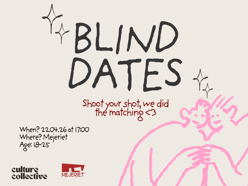 Beige field with a pink drawing of two people, with Culture Collective's logo side by side with Mejeriet's logo 