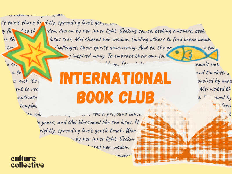 International Book Club logo written in orange on a grey and yellow background 
