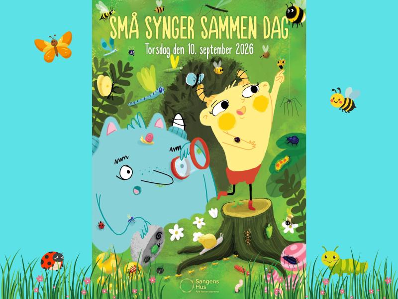 Et blåt monster og et gult monster står i en skov omgivet af træer, blomster og insekter. 