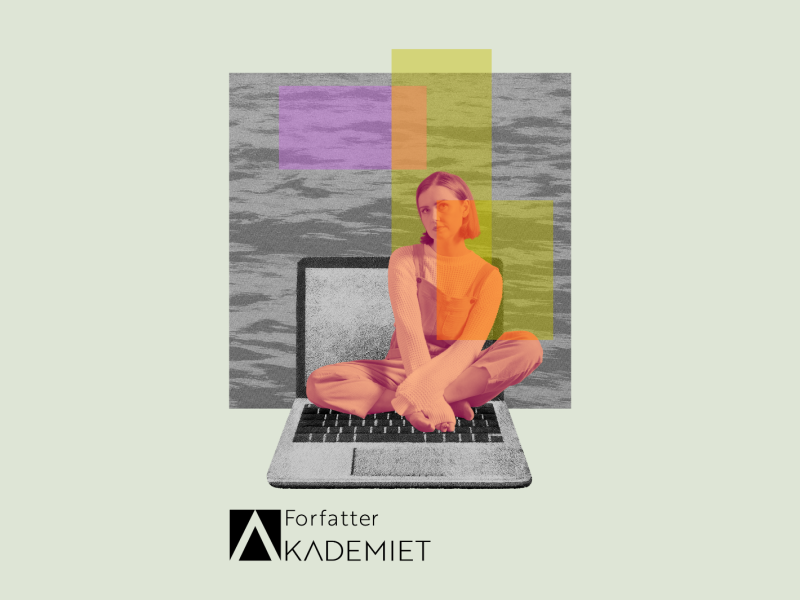 En pige sidder med benene over kors på en computer. Forfatterakademiets logo er under