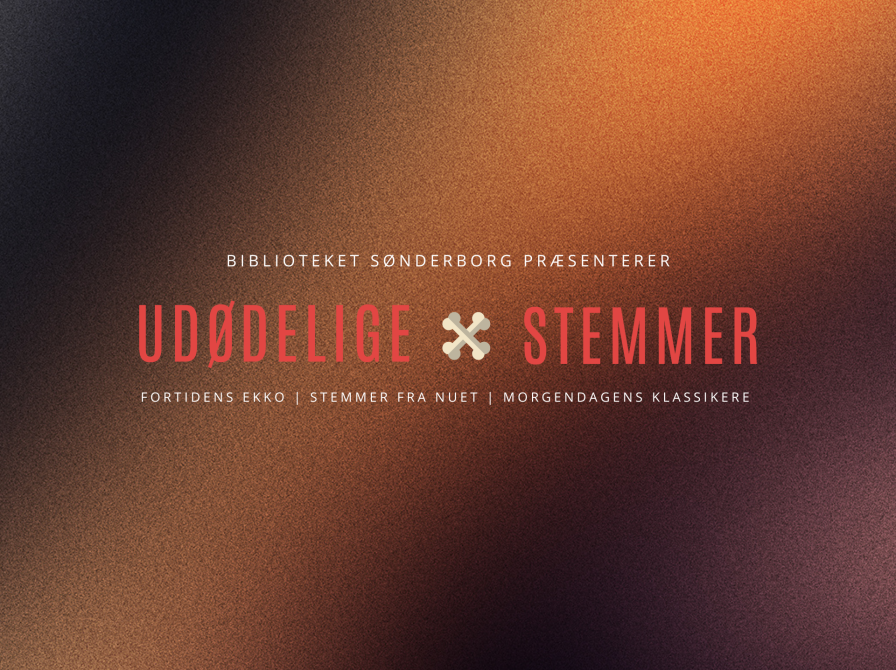 Udødelige stemmer på mørk og lys baggrund. Der er et knoglekryds mellem ordene